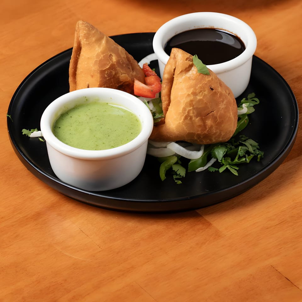 Two golden-brown Indian samosas with green and dark chutneys on a black plate.